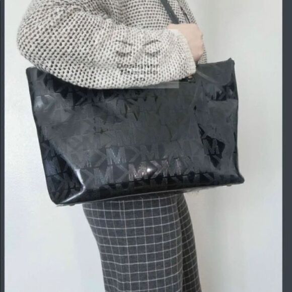 Mk michael Kors black patent leather signature jet set logo tote bag purse bag - Picture 7 of 10